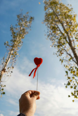 A hand holding a love heart on a stick up to the sky