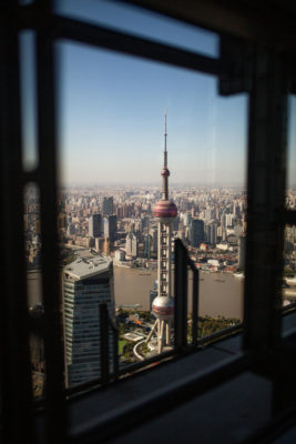 Aerial shot of Shanghai China through a window