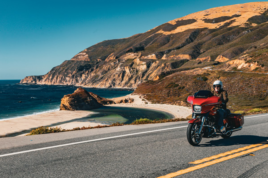 Jeremy on the Harley-Davidson Street Glide by the coast