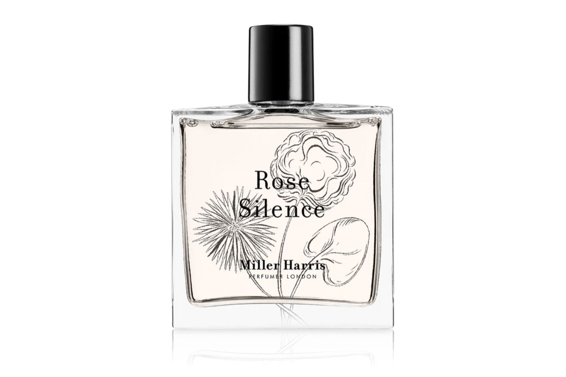 Square glass perfume bottle with black topper