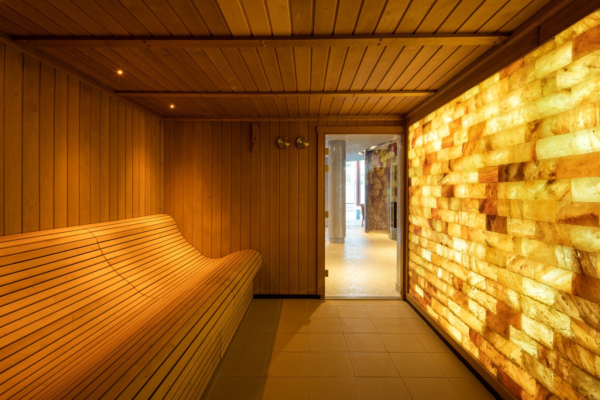 Sauna with glowing brick wall
