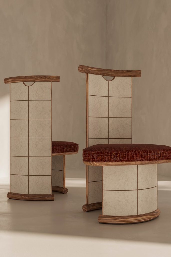 Art Deco chairs with geometric pattern and red cushions