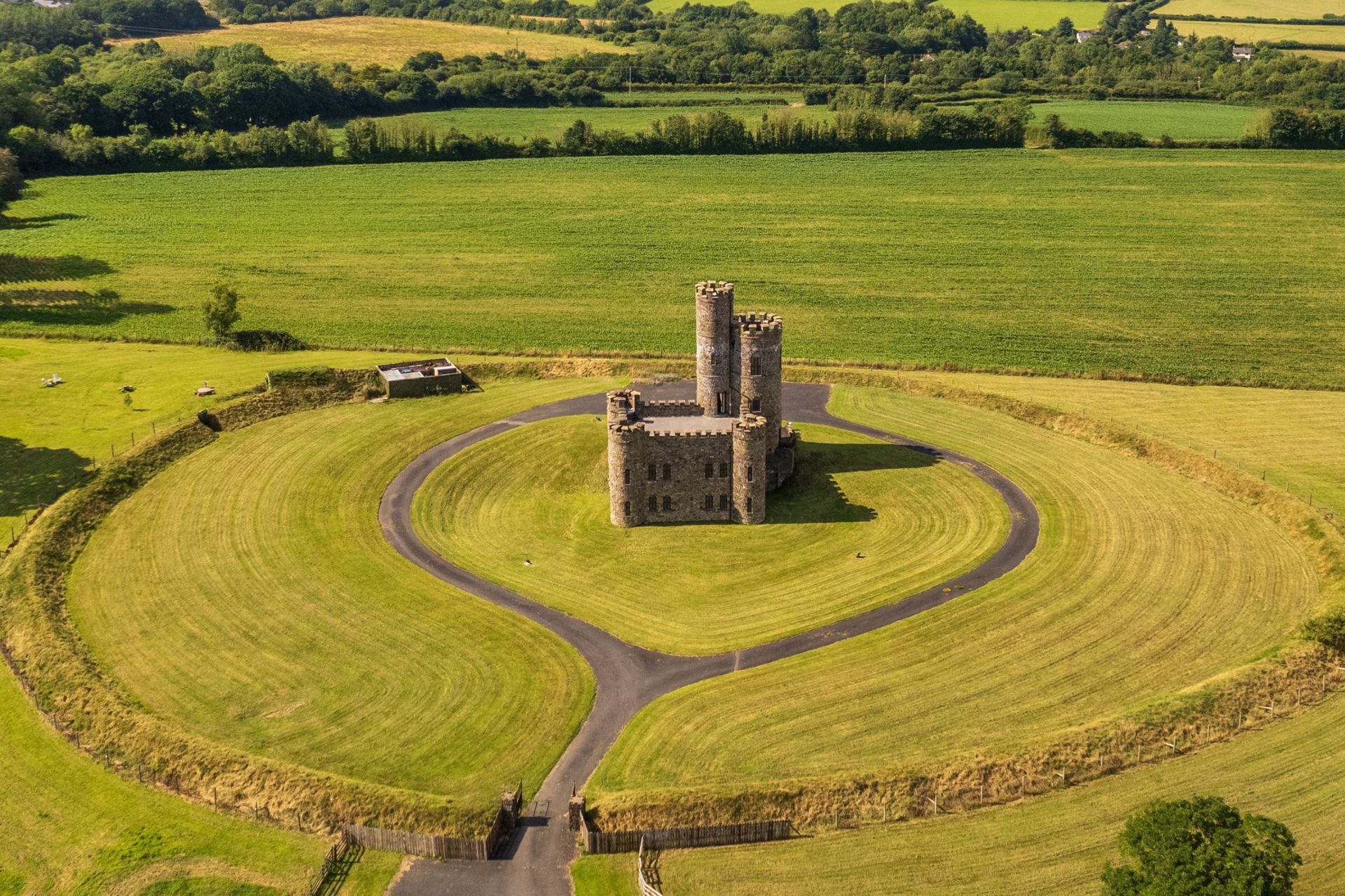 Aerial view of Bailey castle surrounded by land