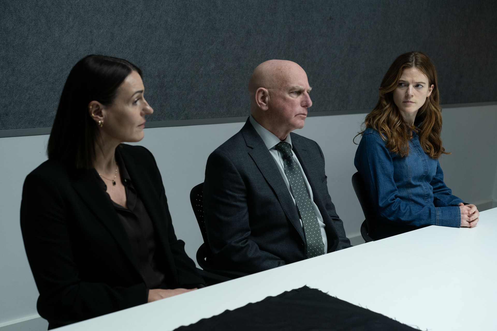 Suranne Jones (DCI Silva), Gary Lewis (DS Robertson) and Rose Leslie (DI Longacre) in Vigil series 3