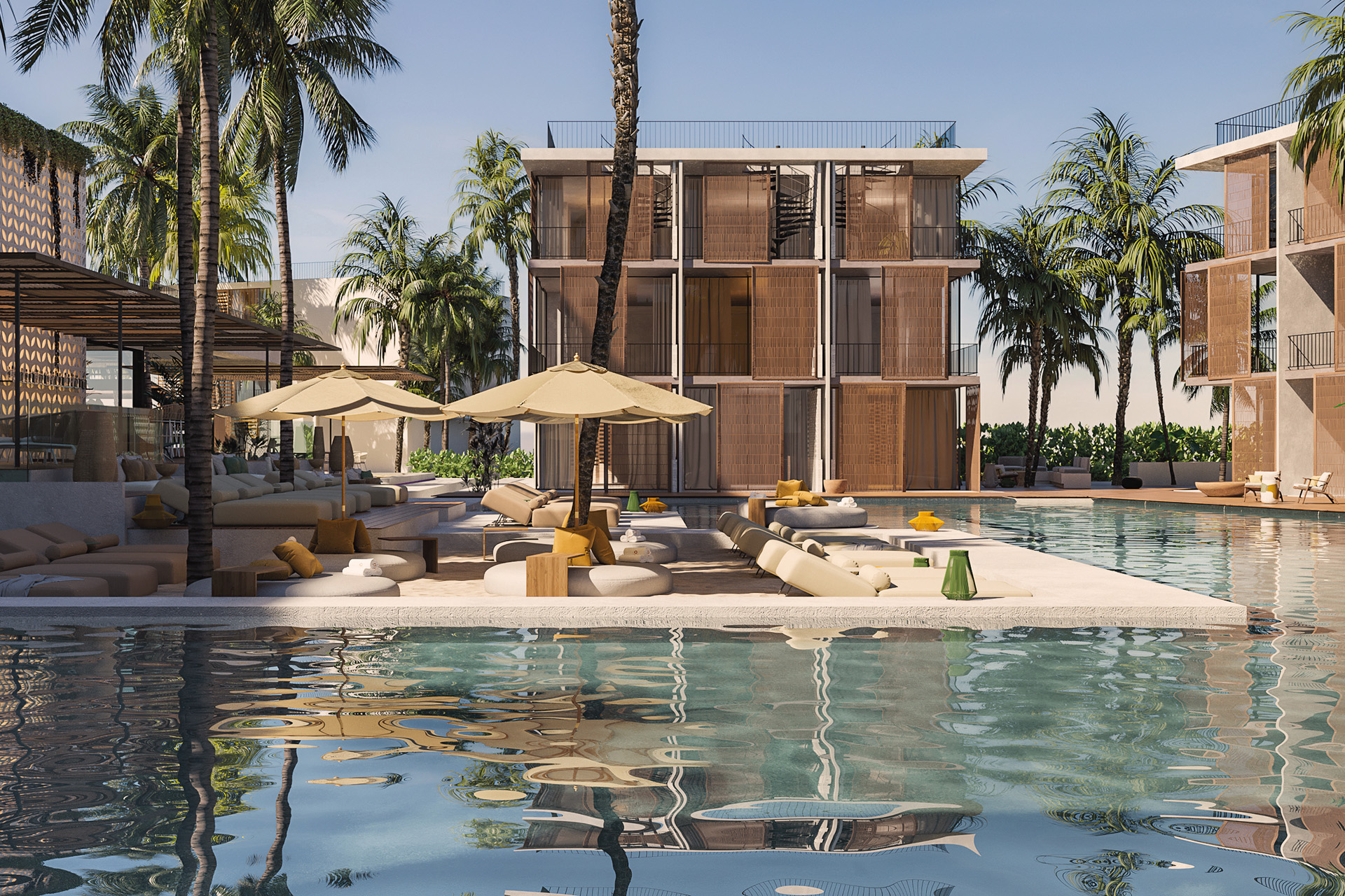 An Ibiza hotel with loungers and a swimming pool