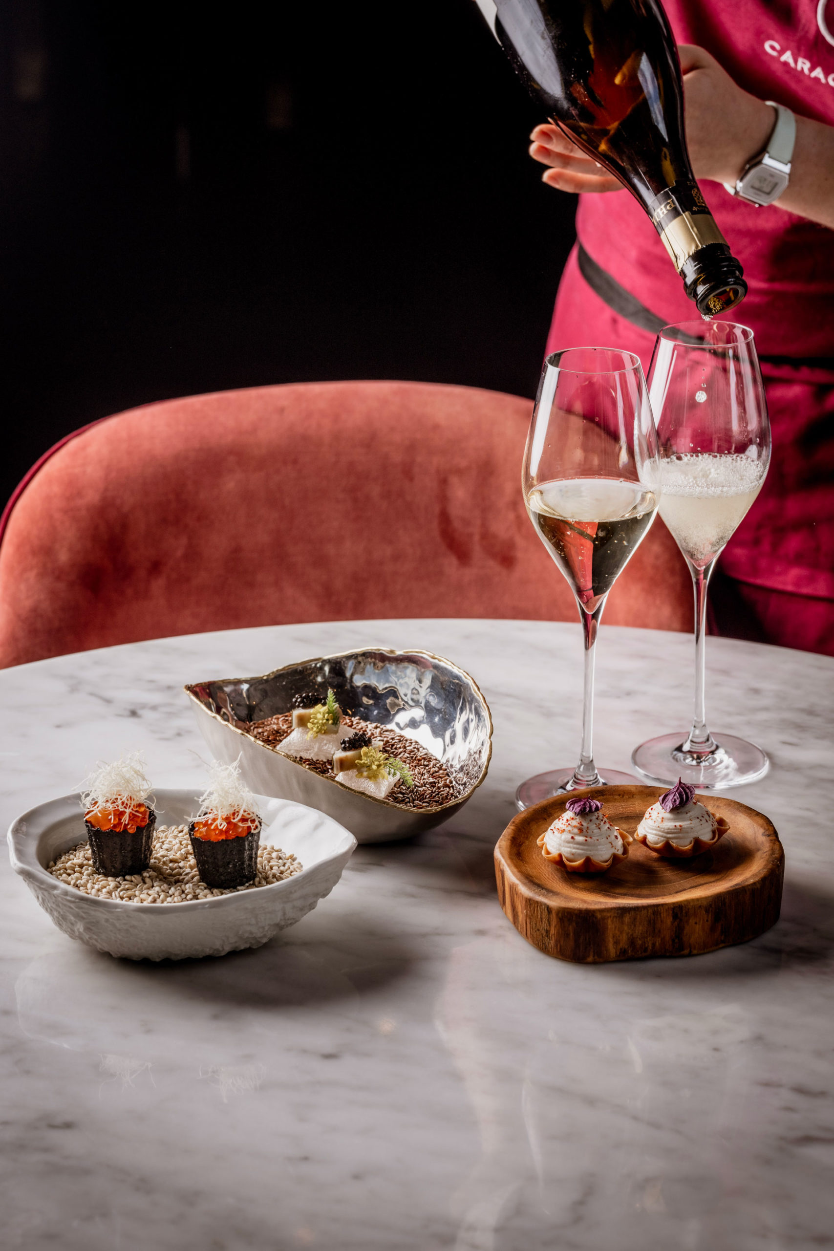Snacks and champagne at Caractere restaurant