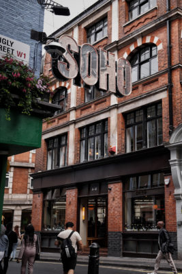A close-up of the large Soho sign in London West End, England, United Kingdom