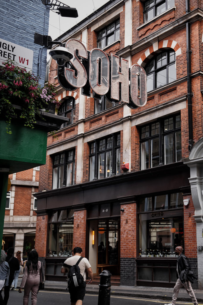 A close-up of the large Soho sign in London West End, England, United Kingdom