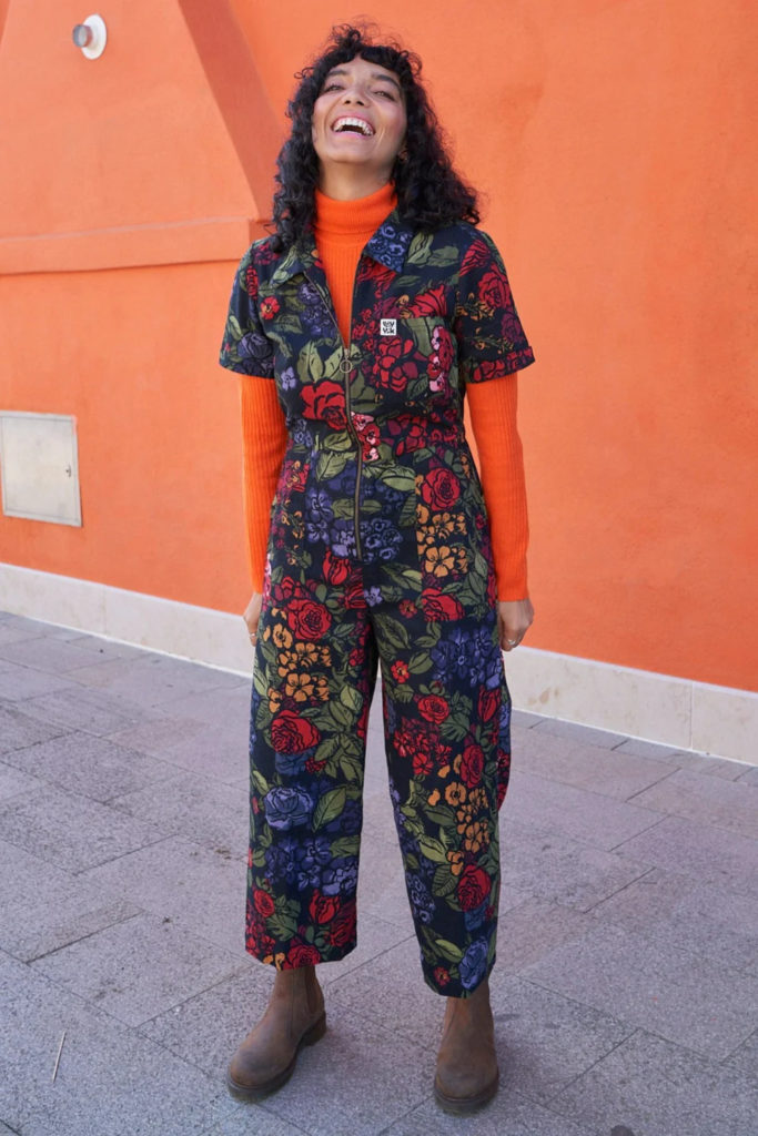 Woman in Lucy & Yak dungarees