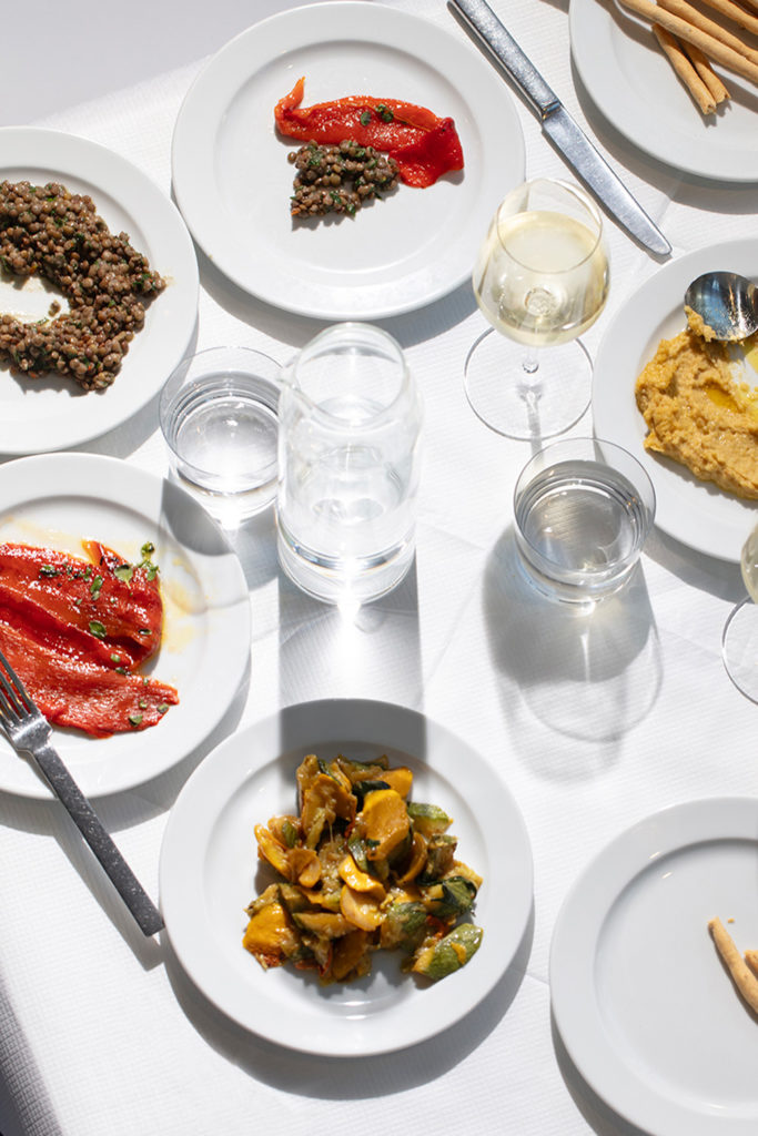 Lunch with pasta and wine