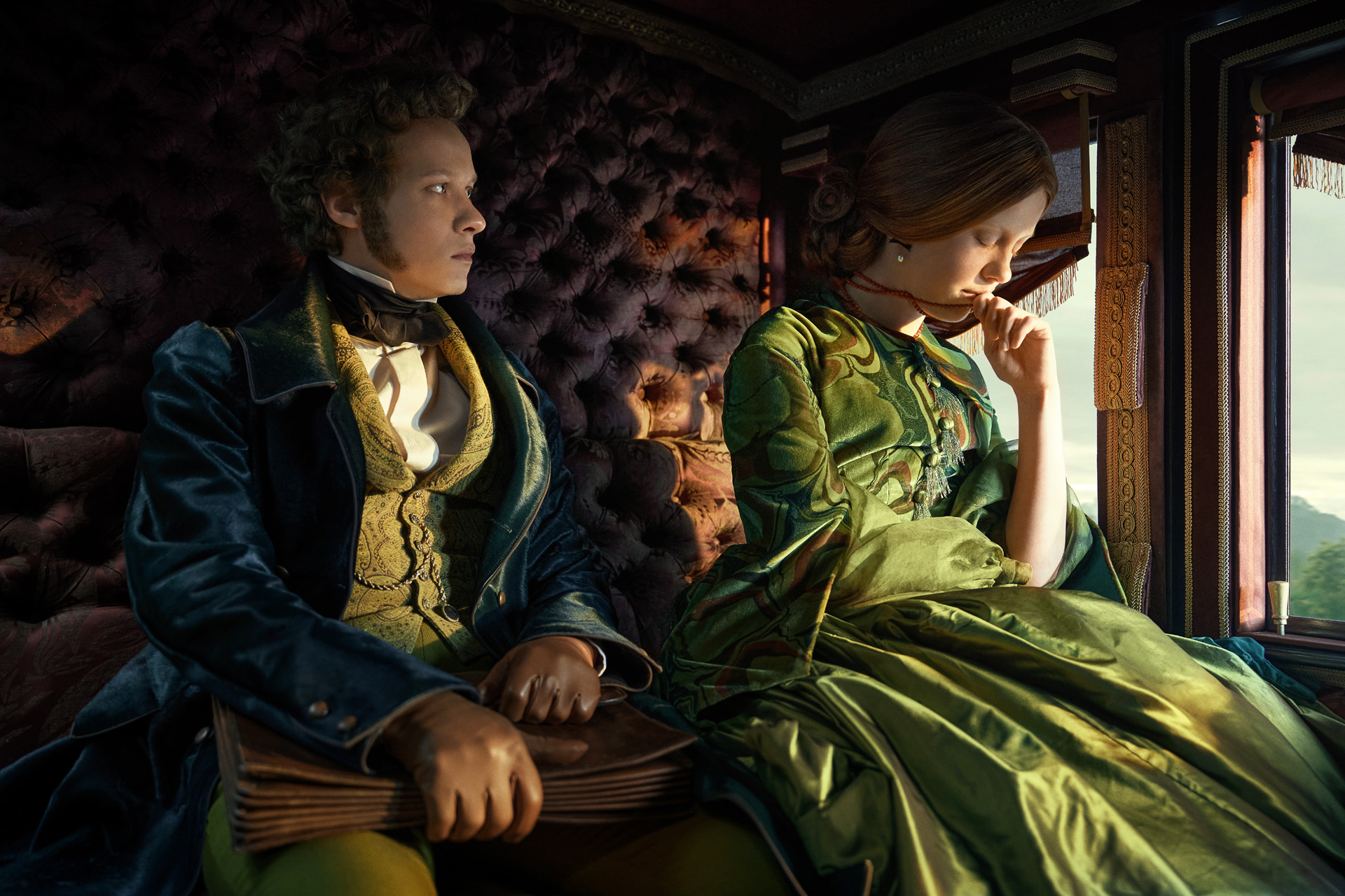 Felix Kammerer as William Frankenstein and Mia Goth as Elizabeth in Frankenstein