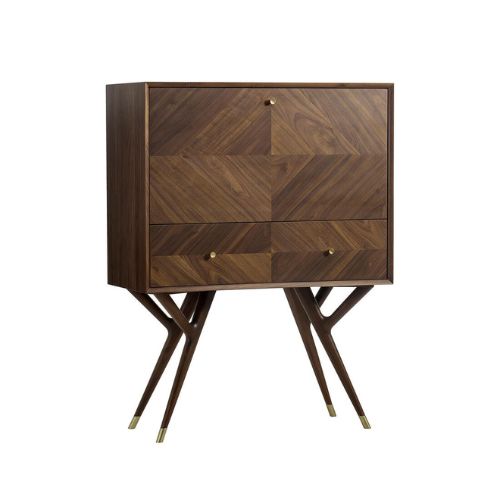 Dark wooden bar cabinet with geometric design