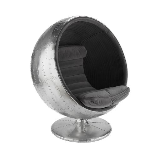 Silver pod chair with dark grey interior and seat cushion
