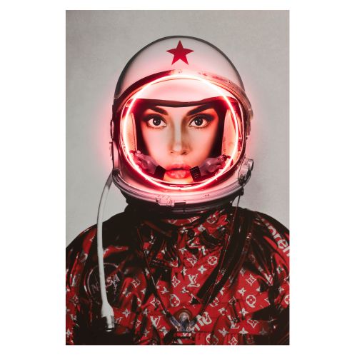Space girl print featuring a red neon light-up helmet
