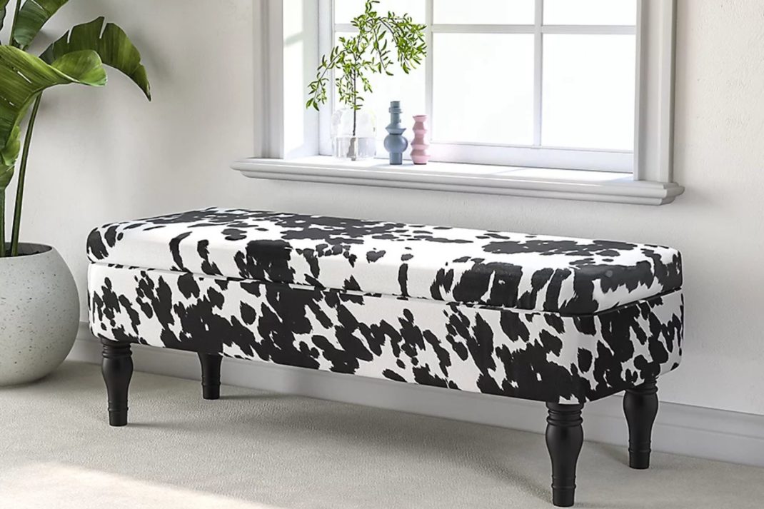 Velvet cow print bench on a cream carpet in front of a large sash window