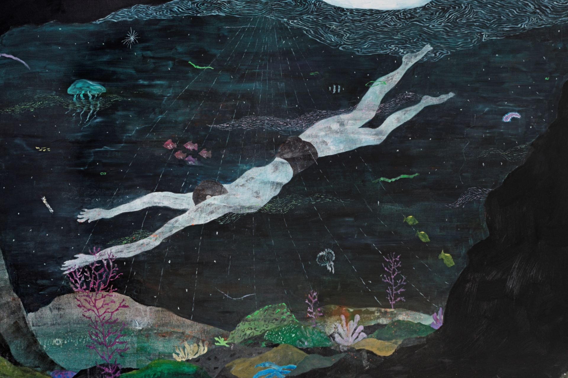 Contemporary painting depicting a male diver searching the ocean floor.