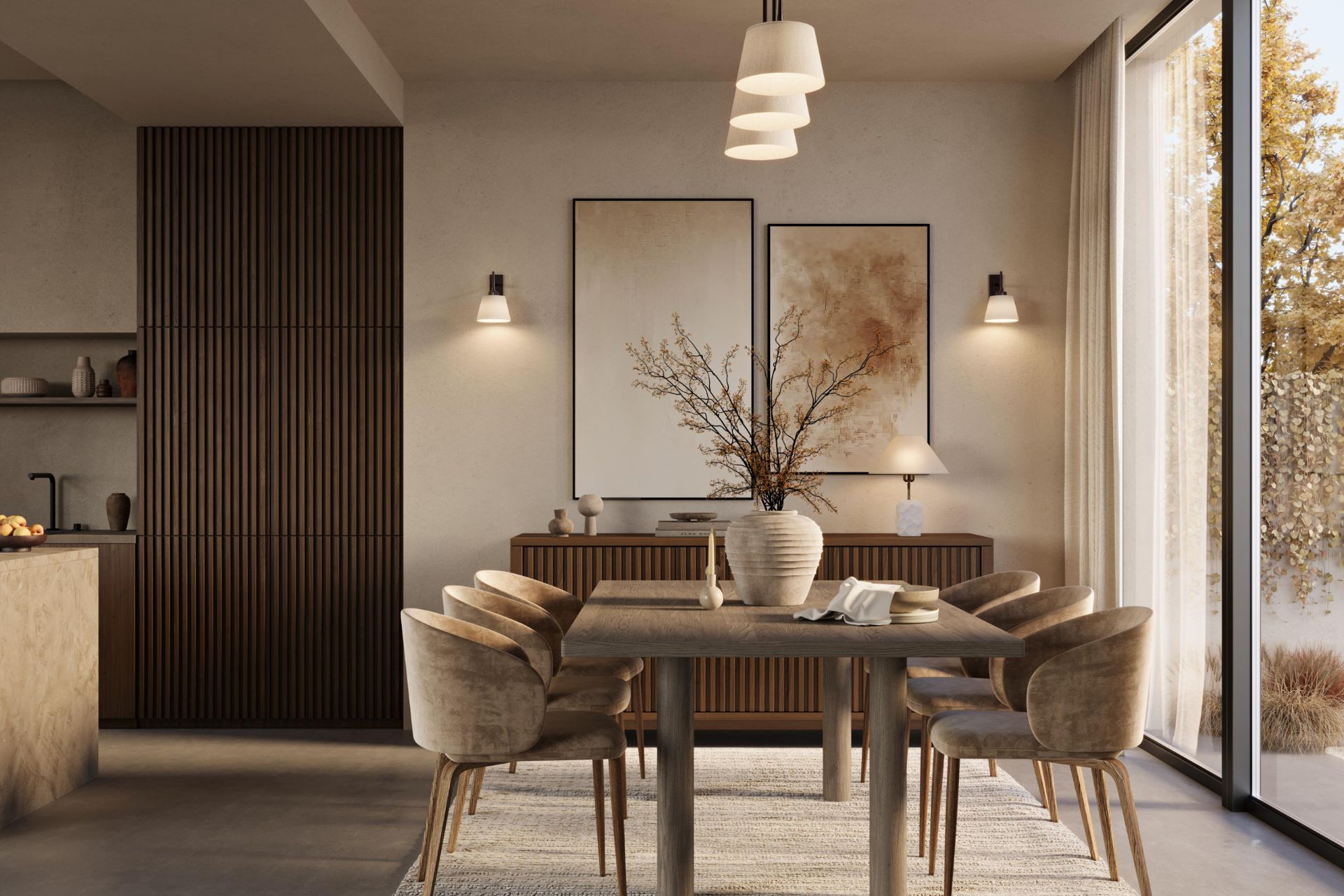 Modern dining space with wooden furniture and curved taupe seats