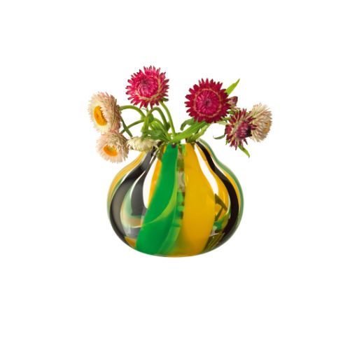 Yellow and green pear-shaped glass vase holding spiky pink and yellow flowers.
