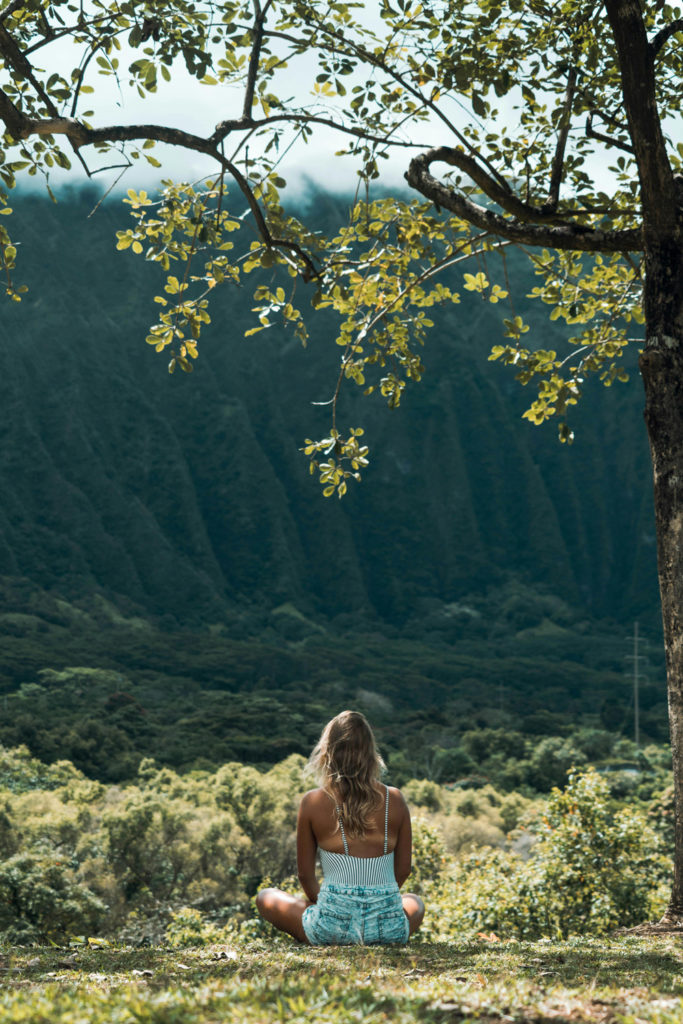 A calm woman meditating surrounded by nature