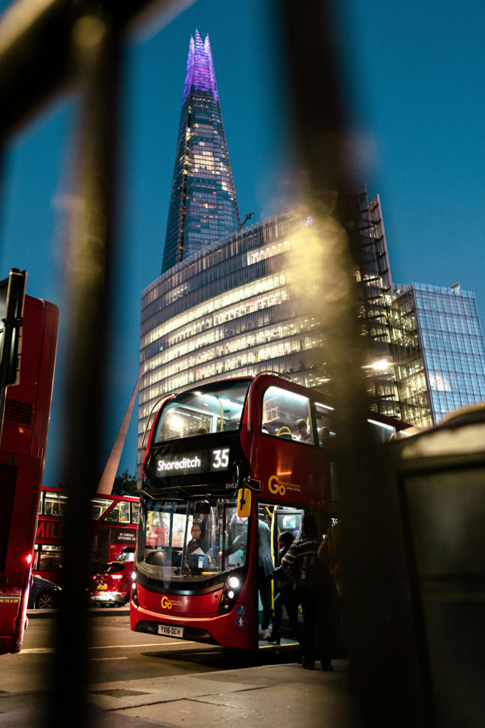 A bus travelling to Shoreditch, London