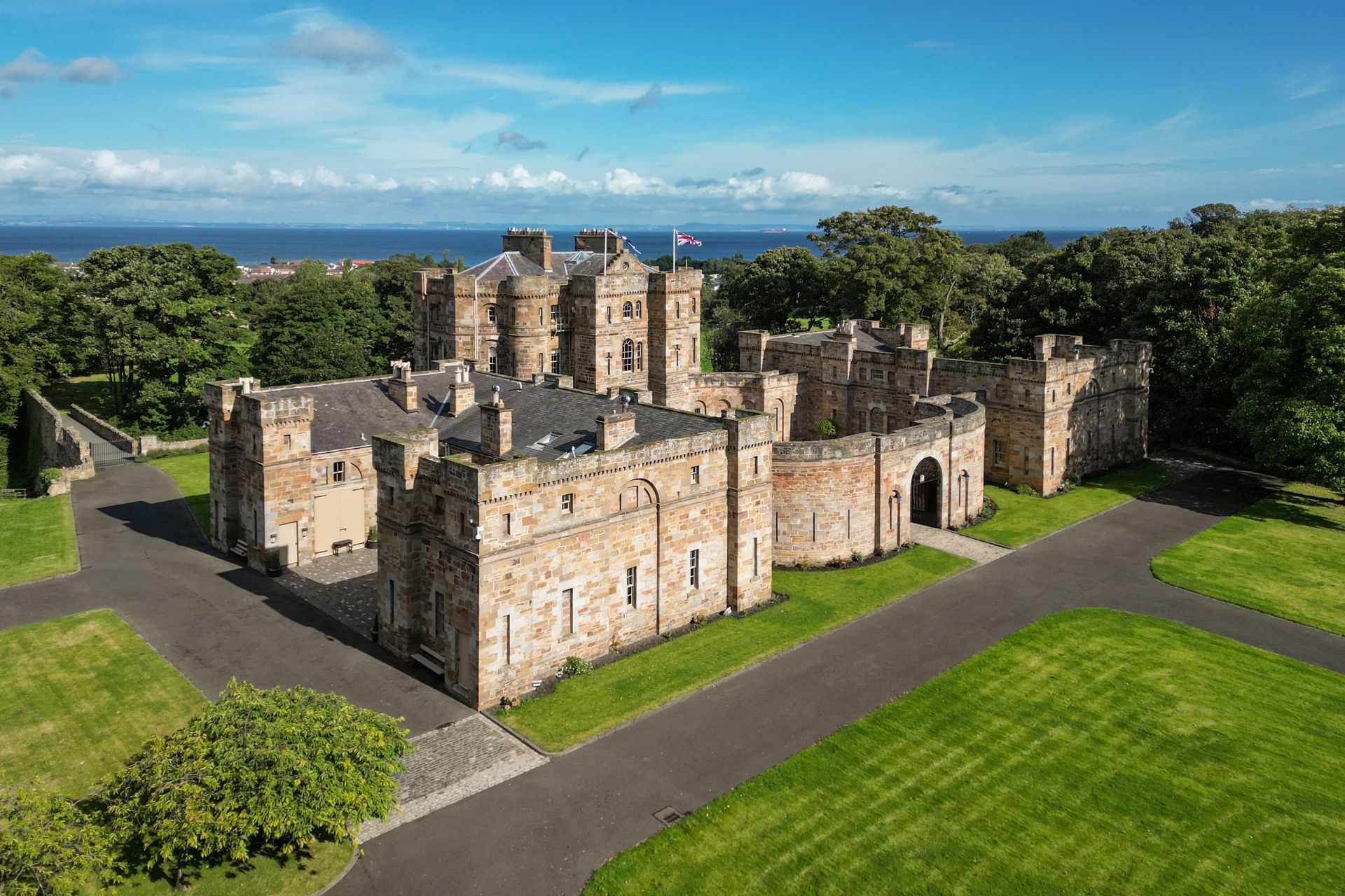 Aerial view of Seton Castle and formal lawns