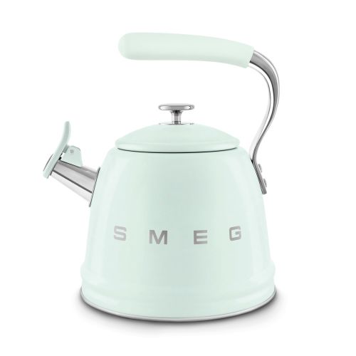 Pastel green whistling kettle with silver Smeg branding