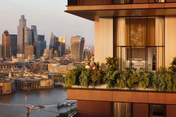 CGI image of a new wellness-focused London development with residential terraces and plants