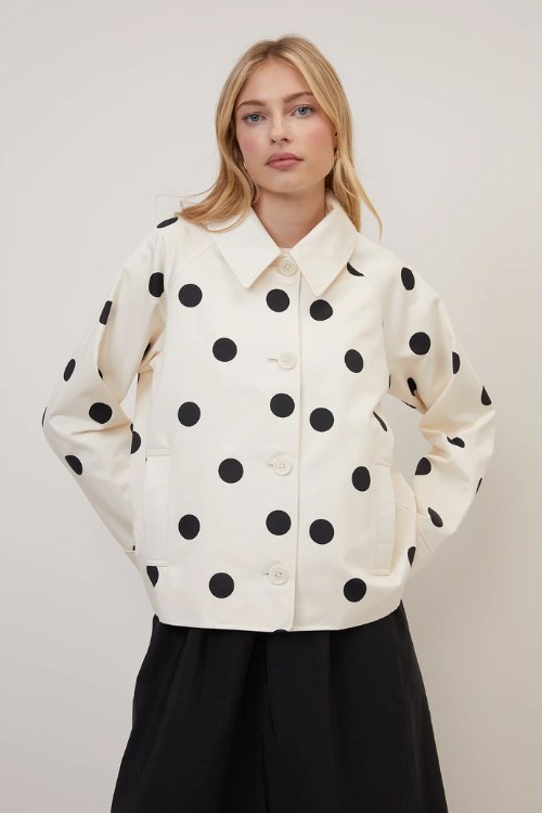 Woman wearing polka dot jacket | spring capsule wardrobe