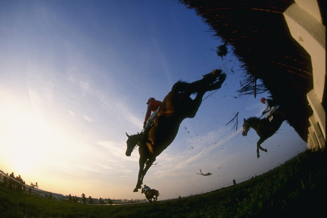 A horse jumping over a grass wall in a race