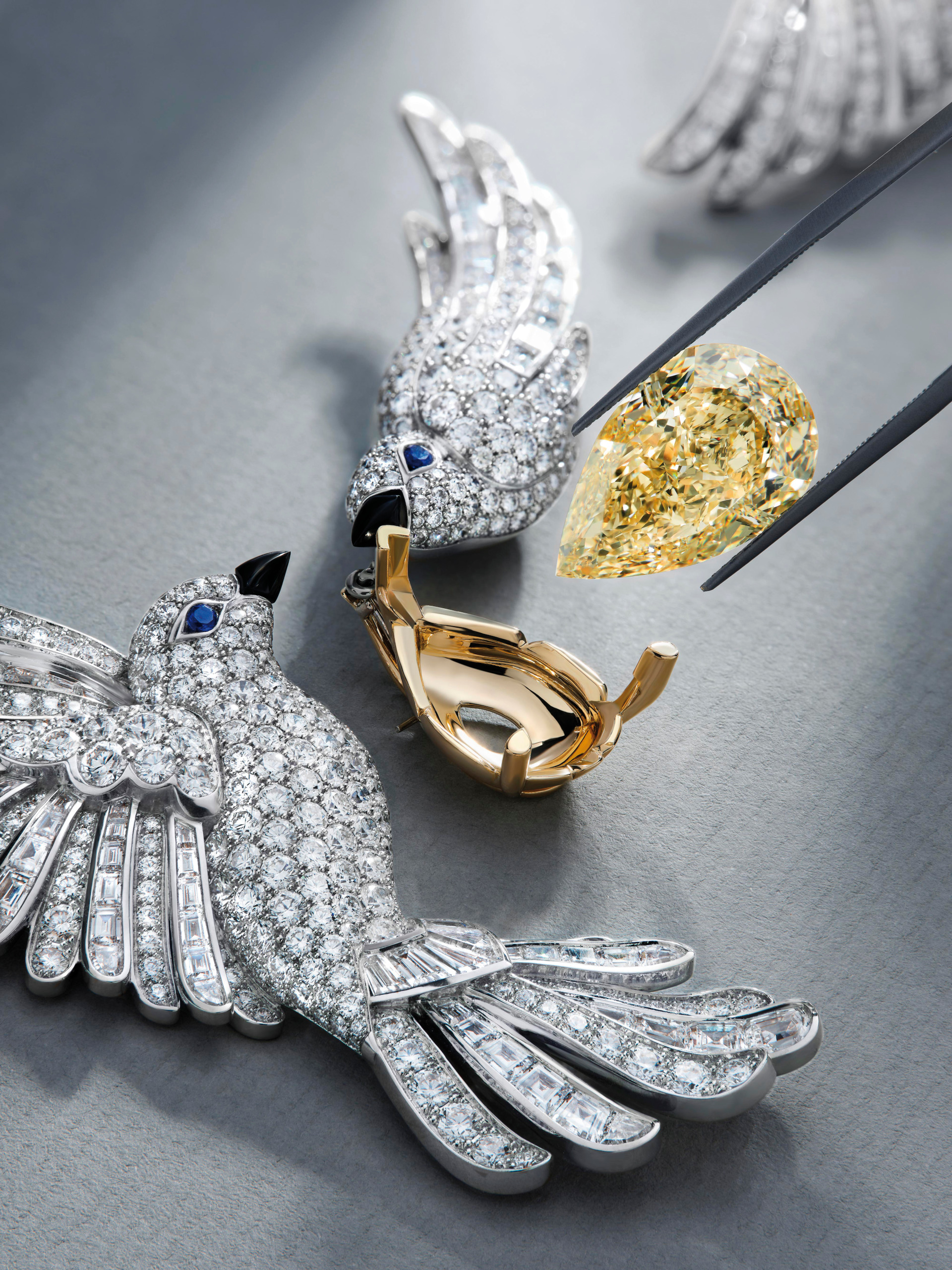 Stone being laid on bird-shaped necklace charms