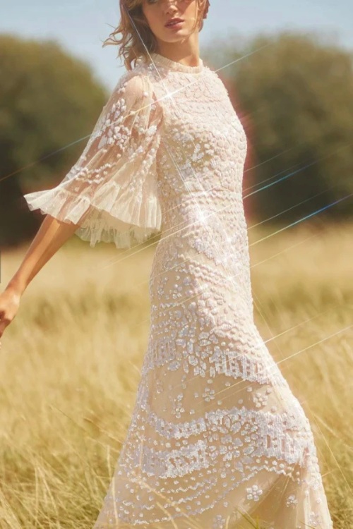 Needle & Thread wide sleeve sequined wedding dress