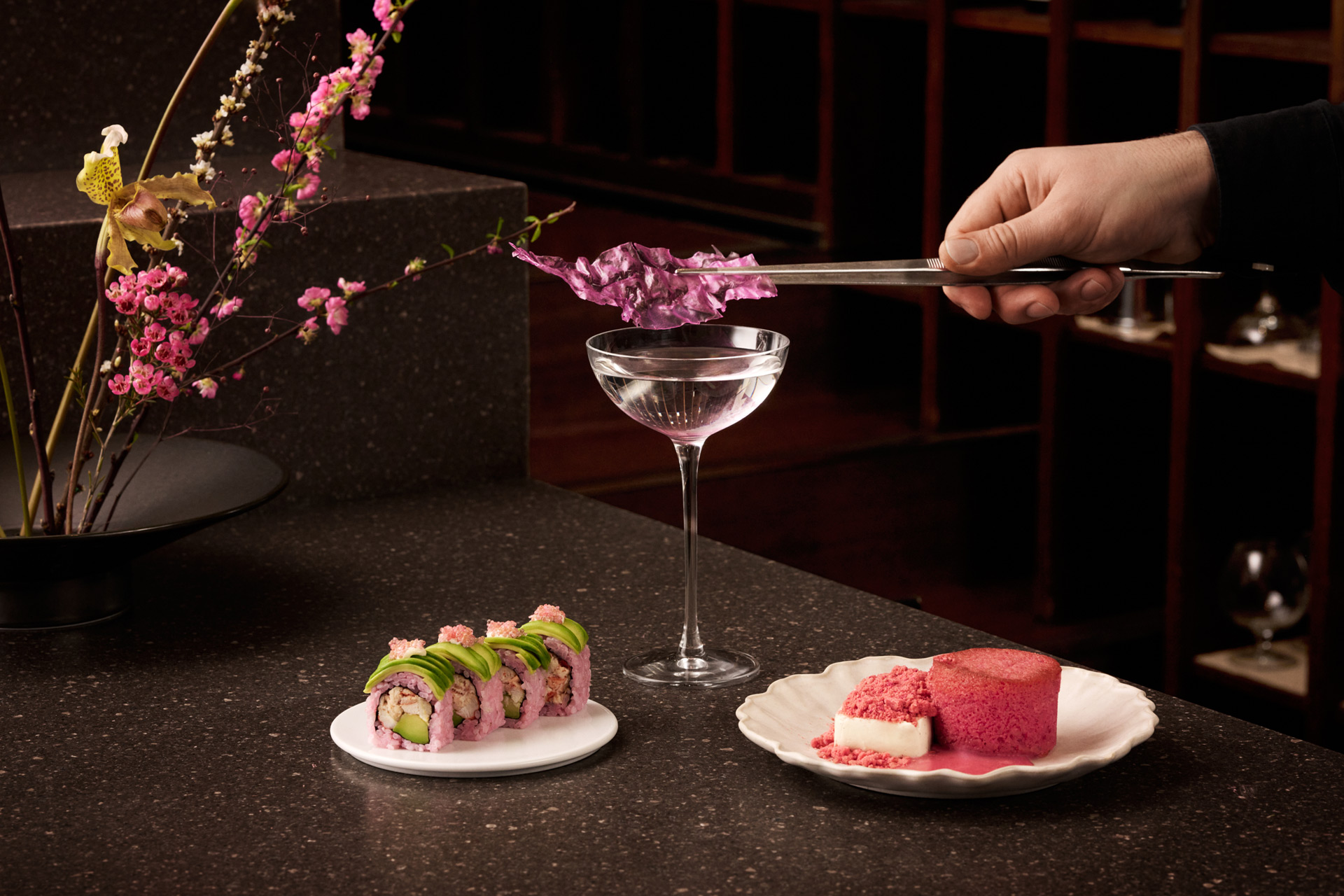 Cocktail and food at Sticks'n'Sushi restaurant
