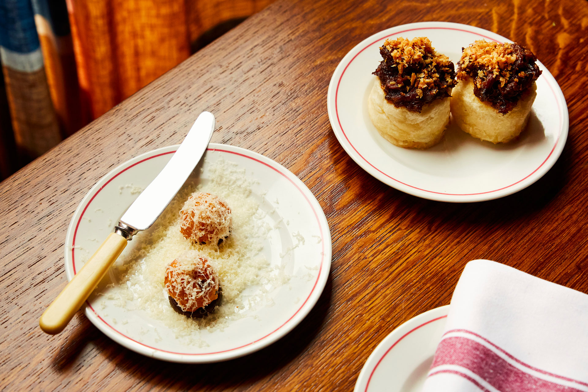 Cheese truffle beignets and oxtail crumpets