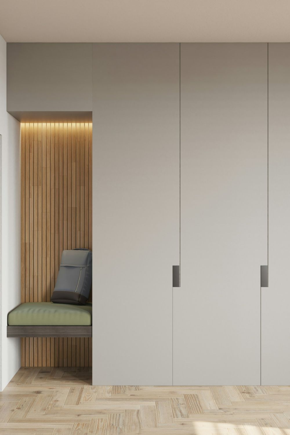 Sleek boot room with a wood-panelled alcove fitted with a green bench
