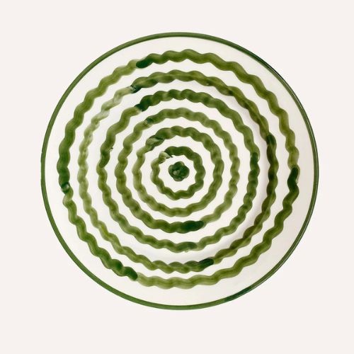 Crem dinner plate with green handpainted squiggle design