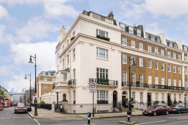 Large white townhouse on the corner of Eaton Place, Belgravia