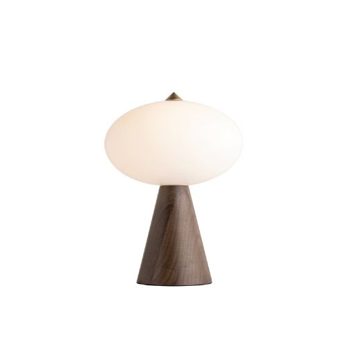 Portable lamp with prism-shaped wooden base and marble light