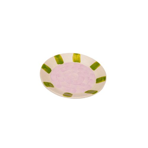Plate with pink base and sage green stripes around the rim