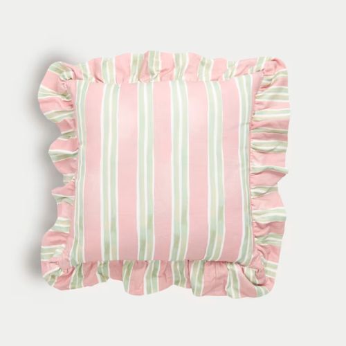 Pink and green striped cushion with ruffle trim