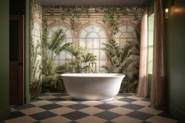 Bathroom with taupe and black diamond tile flooring and a feature wall with a botanical mural, alongside a freestanding bathtub.