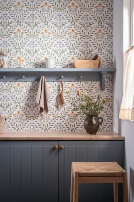 Utility room with floral tiles and dusky blue cabinets with wooden worktops