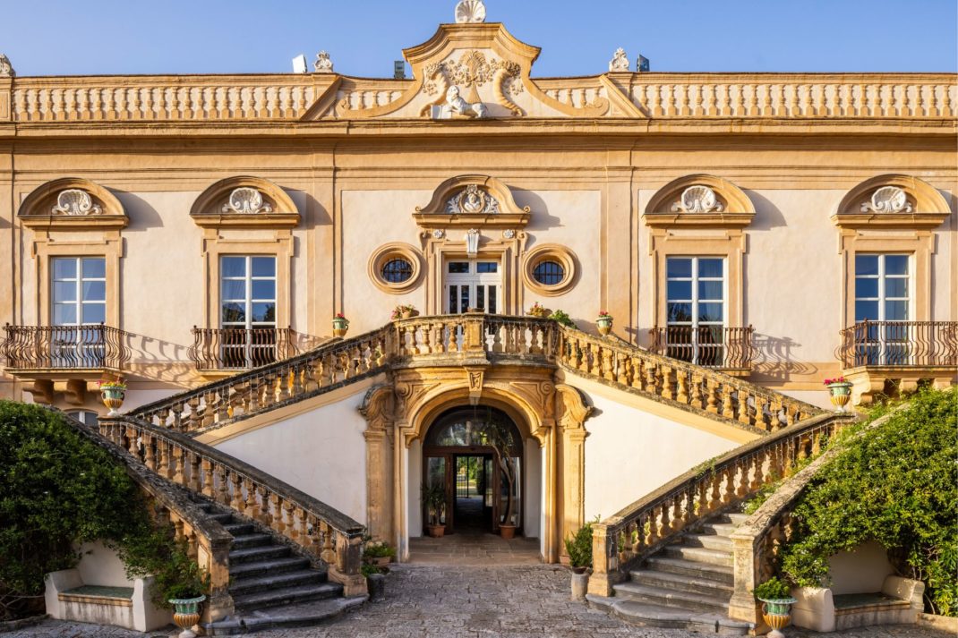 Sicilian Baroque villa with double staircase and wrought iron balustrades