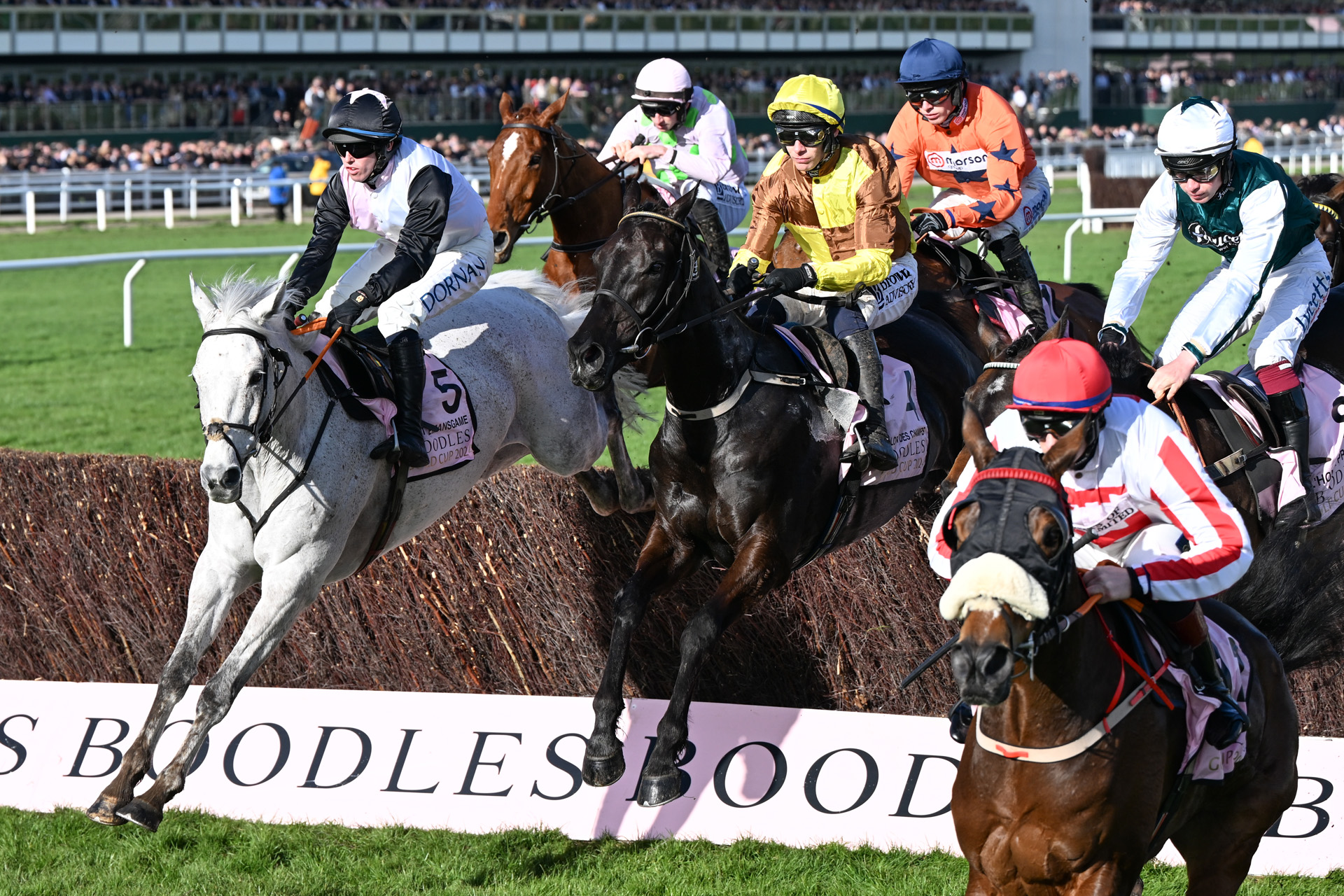 Jockeys jumping over a Boodles branded obstacle