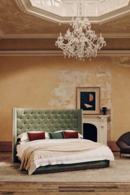 Bed with green velvet headboard