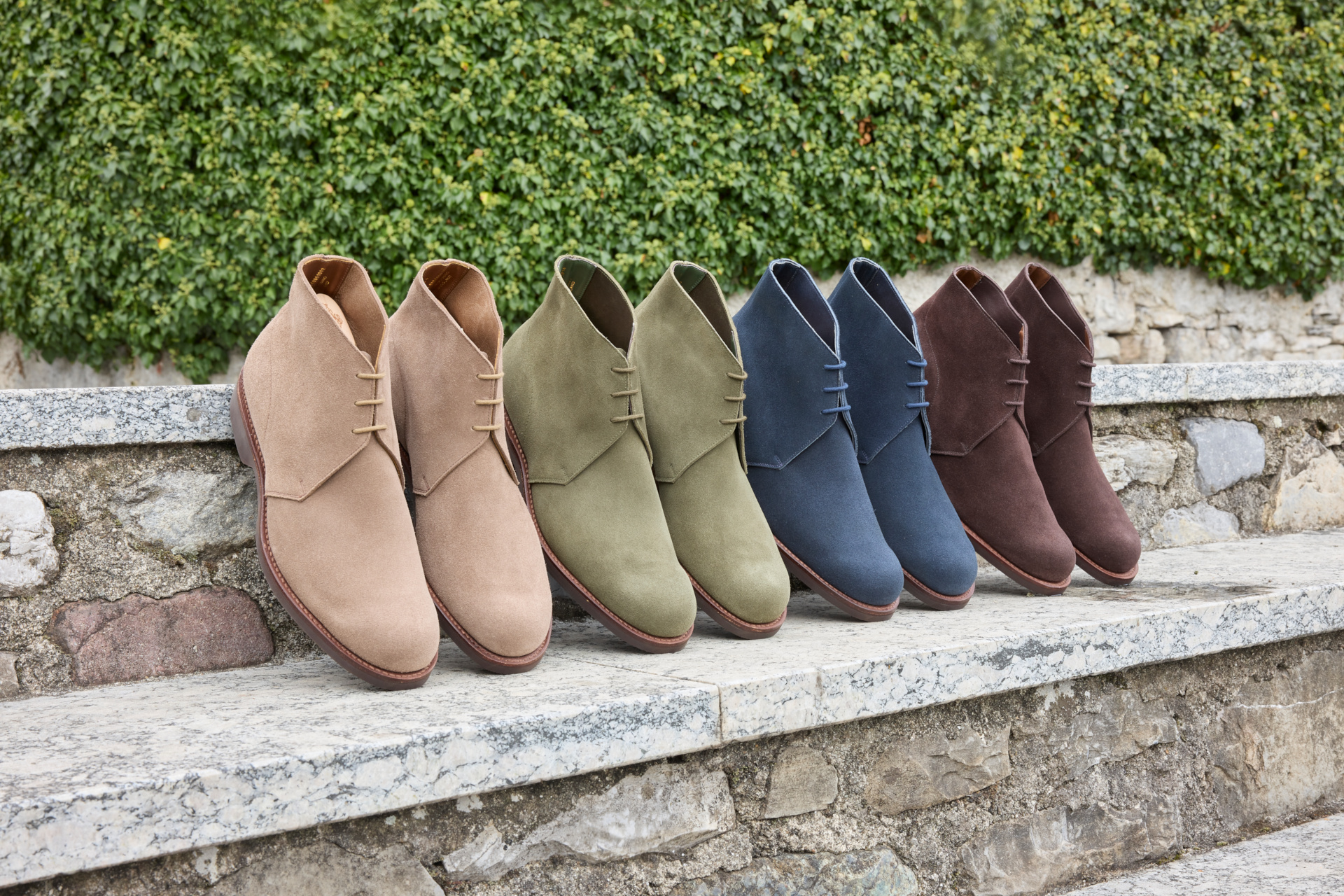 Shoes lined up on steps | Crockett & Jones Spring/Summer 2025