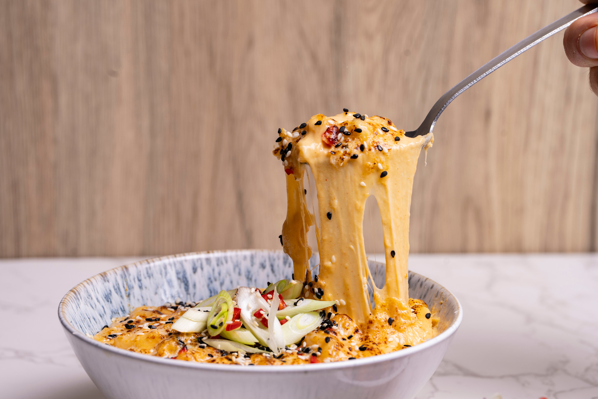 mac ‘n’ cheese with gochujang and Asian slaw