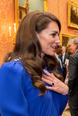 Kate Middleton wearing blue dress and engagement ring