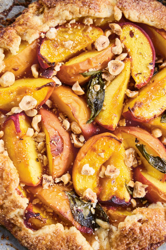 Peach, hazelnut and basil galette
