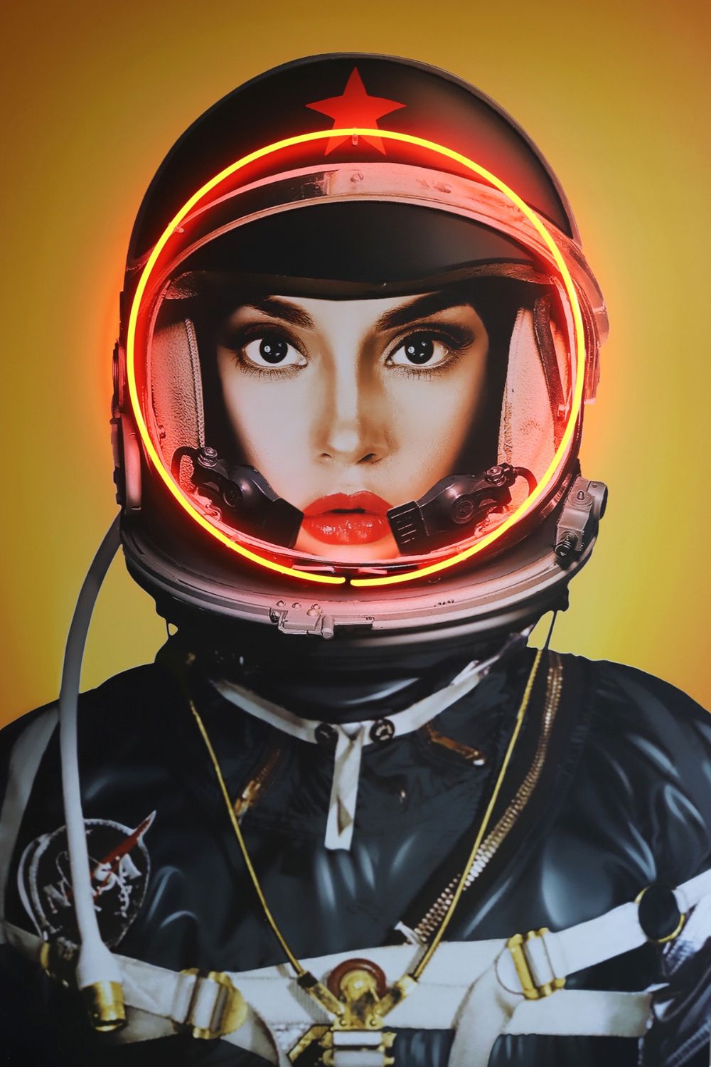 Yellow spacegirl print with orange LED helmet