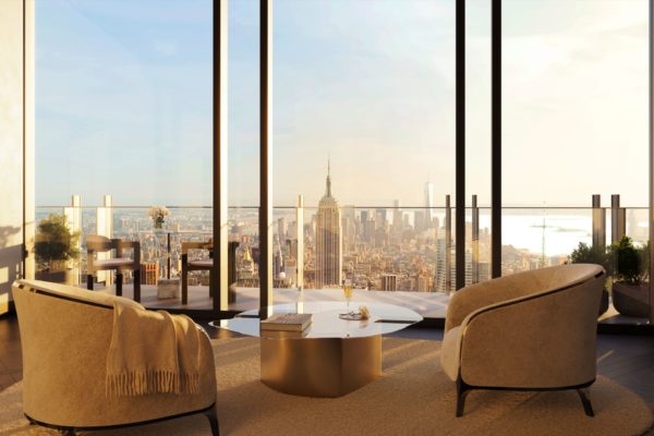 CGI image of New York penthouse penthouse with cream armchairs and floor-to-ceiling views of the Manhattan skyline